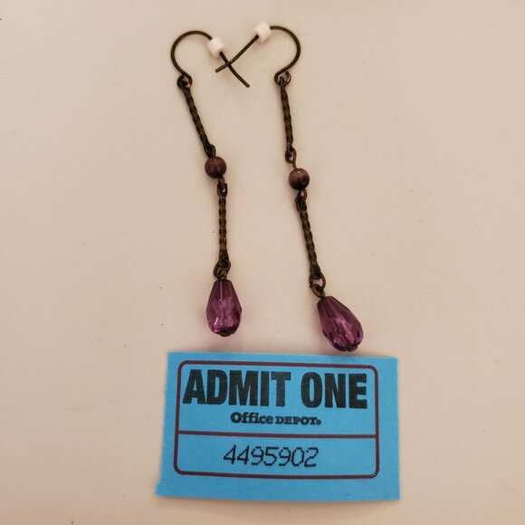 Vintage Purple Drop Earrings With Twisted Metal Accents - Picture 5 of 5
